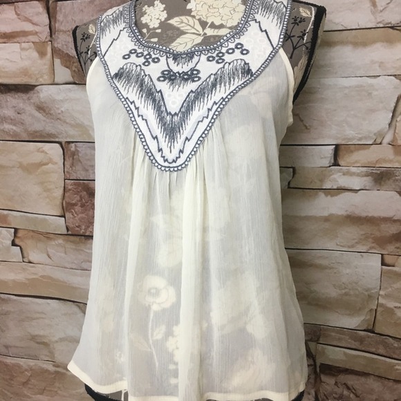 H.I.P. Embroidered Yoke Sheer Flowy Sleeveless Swing Tank Blouse Cream Gray - Picture 1 of 8